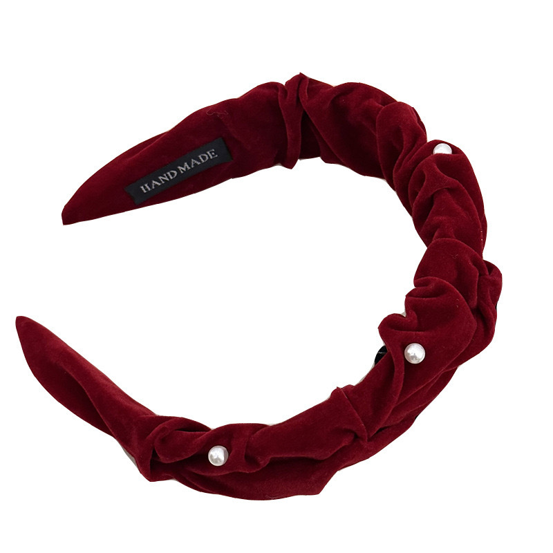 Korean Pearl Pleated Headband Women Autumn-Winter Vintage Red Velvet Headband With High Cranium Top Wide Edge Hair Clip Headdress Item Picture