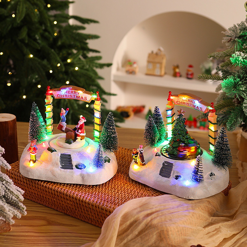 树脂八音盒摆件圣诞房子欧式雪屋滑雪小孩音乐LED灯创意圣诞礼物