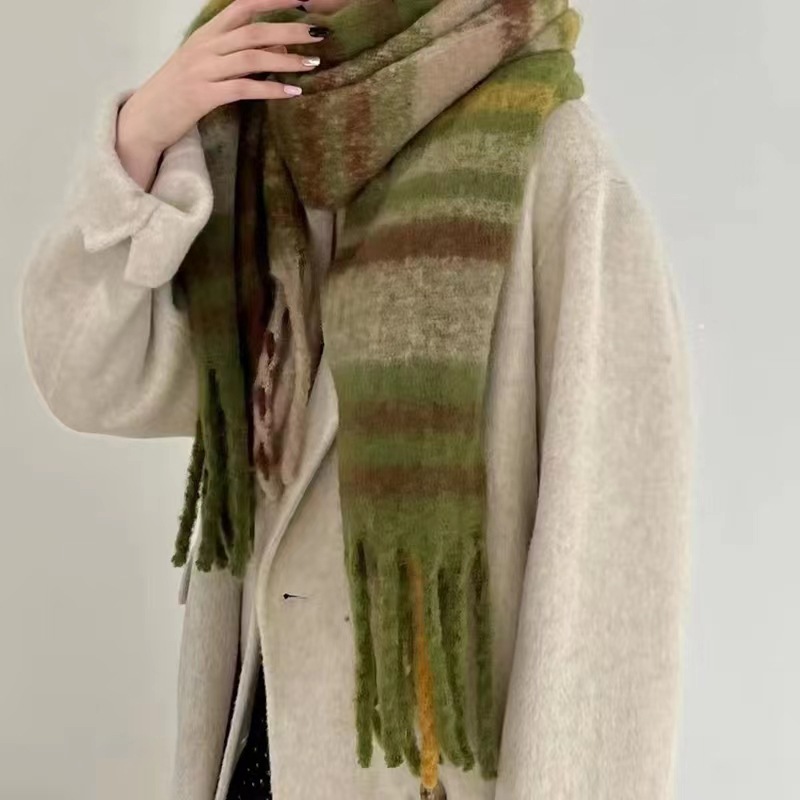 Korean Version Of Autumn Winter Rainbow Check Imitation Cashmere Thick Beard Scarf Female Student Couple Mohair Warm Bib Shawl Specification drawing