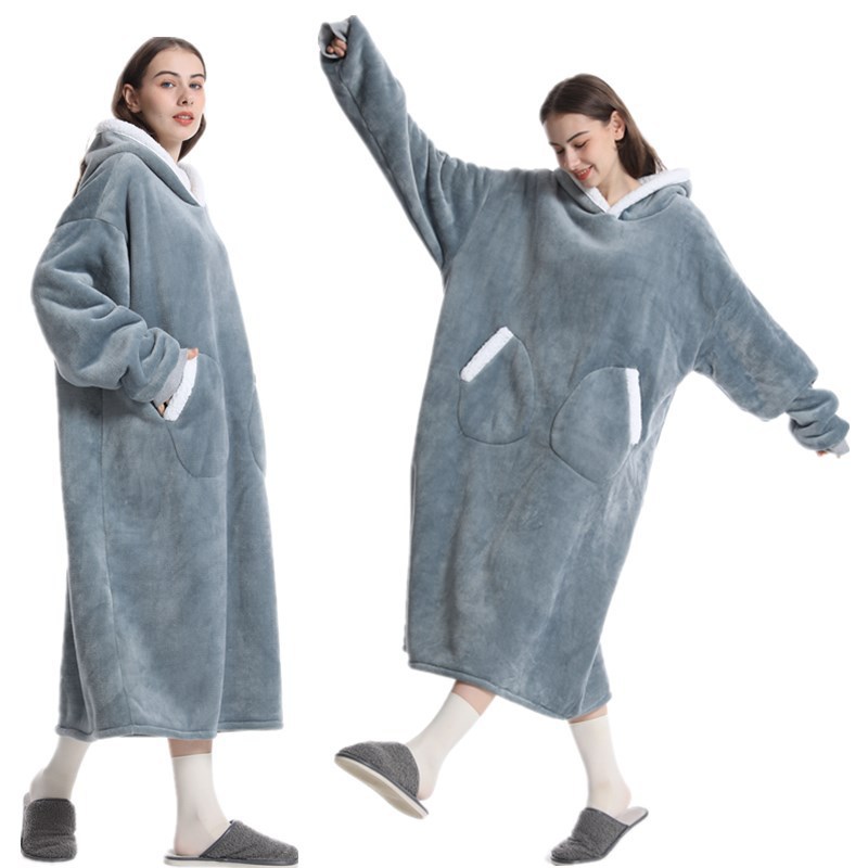 Pengmin Lazy bathrobe Coral fleece winter mid-length pullover hoodie style home wear coat thickened, can be worn outside to sleep Application Scenario