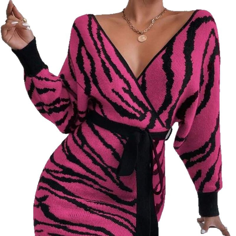 New zebra-patterned bat-sleeve lace-up sweater and V-neck high-waisted dress from cross-border Amazon in Europe and America for autumn and winter Item Picture