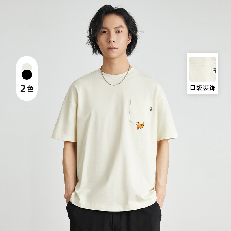亦止男装卡通刺绣圆领短袖T恤男夏季新款230G纯棉双纱宽松体恤衫