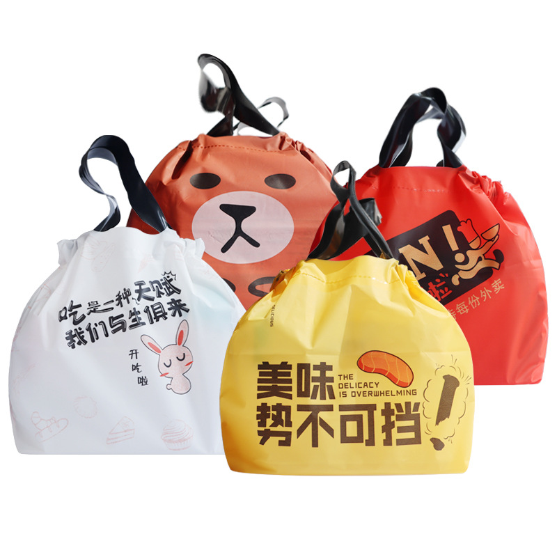 Samples of thickened fast food takeout packaging bags, hand-held drawstring mouth frosted packaging bags and popular pull-up bags from Taifeng Plastic Industry Item Picture