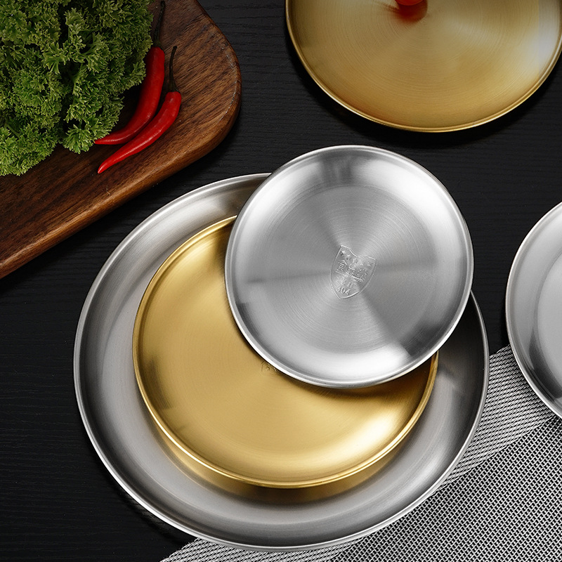 Korean Stainless Steel Plate Disc Golden Tray Bone Spitting Dish Hotel Restaurant Hot Pot Restaurant Barbecue Platter Commercial Specification drawing