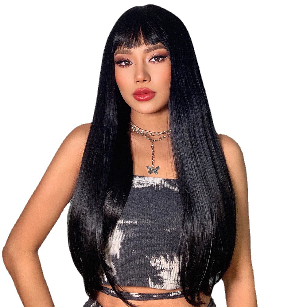 Wholesale of new cross-border bangs, gradient gray long straight hair synthetic fiber high-temperature silk wigs from Europe and America details Picture
