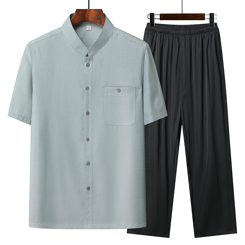 Middle-Aged And Elderly Men's Summer Two-Piece Set 2023 New Shirt Solid Color Mercerized Cotton Breathable Big Size Dad Suit Item Picture