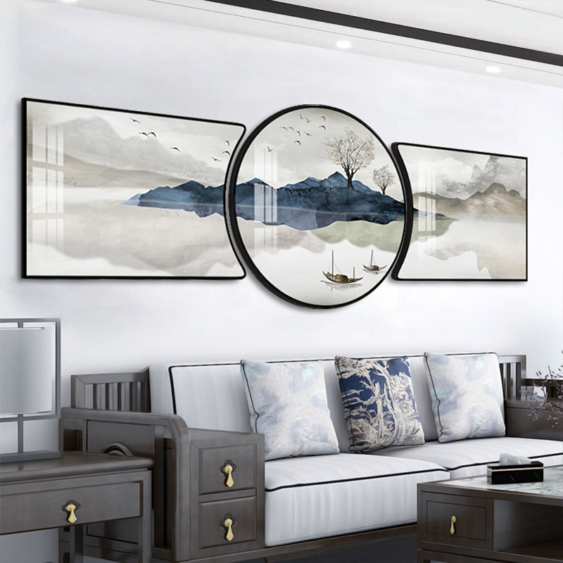 New Chinese-style living room decorative paintings, sofa background, wall paintings, three-piece combination landscape paintings, modern high-end light luxury hanging paintings details Picture