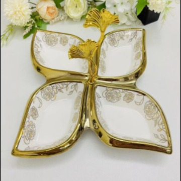 创意陶瓷多格水果盘子点心盘花茶干果零食碟银杏叶4格餐具果盘5金堡花瓶