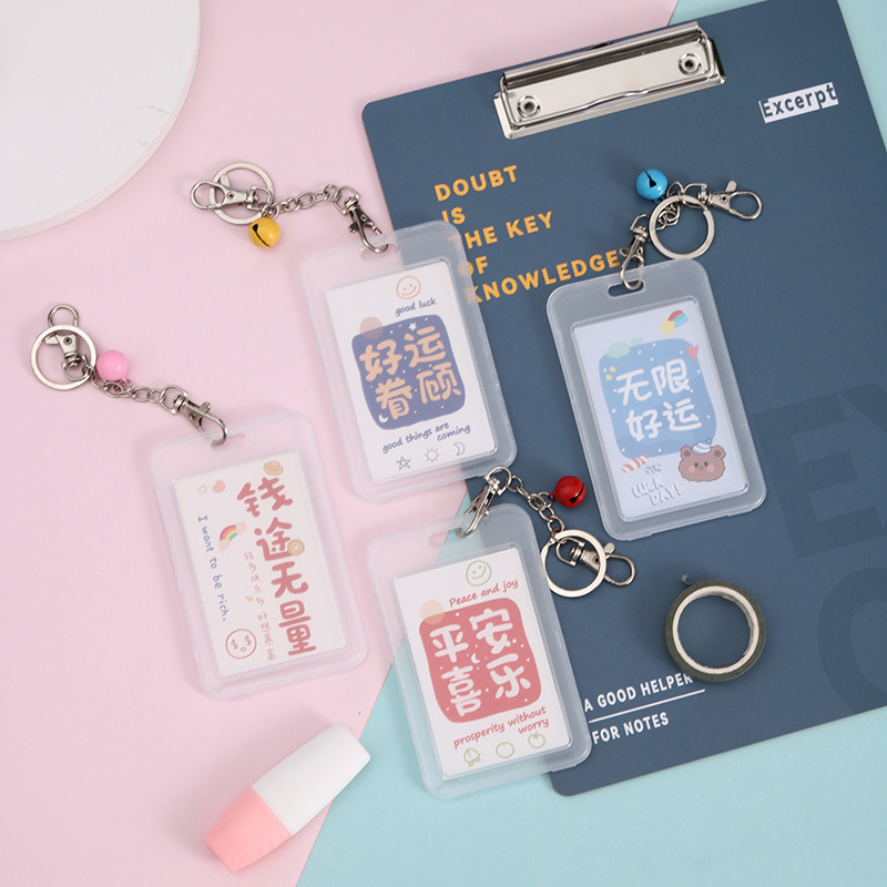 Student blessing words, transparent card holder, bell lanyard, DIY double-sided hard shell ID card holder, waterproof work ID card hanging Specification image