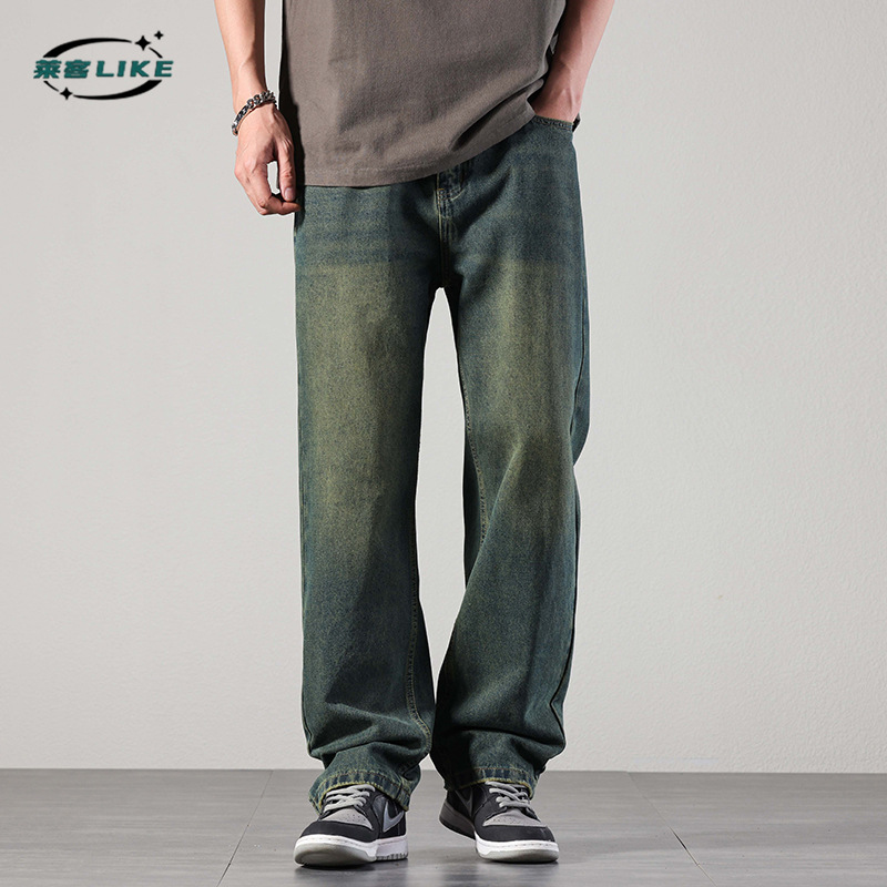 American street retro men's jeans, high-end straight-leg jeans, men's simple and loose denim long pants details Picture