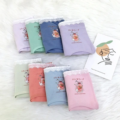 New cartoon cotton block girls in the middle of the waist breathable women's triangle underwear printed lace waist head underwear wholesale thumbnail