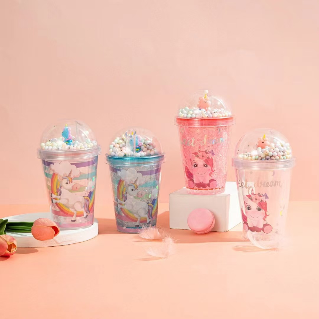 夏日新款碎冰杯创意卡通独角兽可爱儿童吸管杯350ml双层塑料水杯