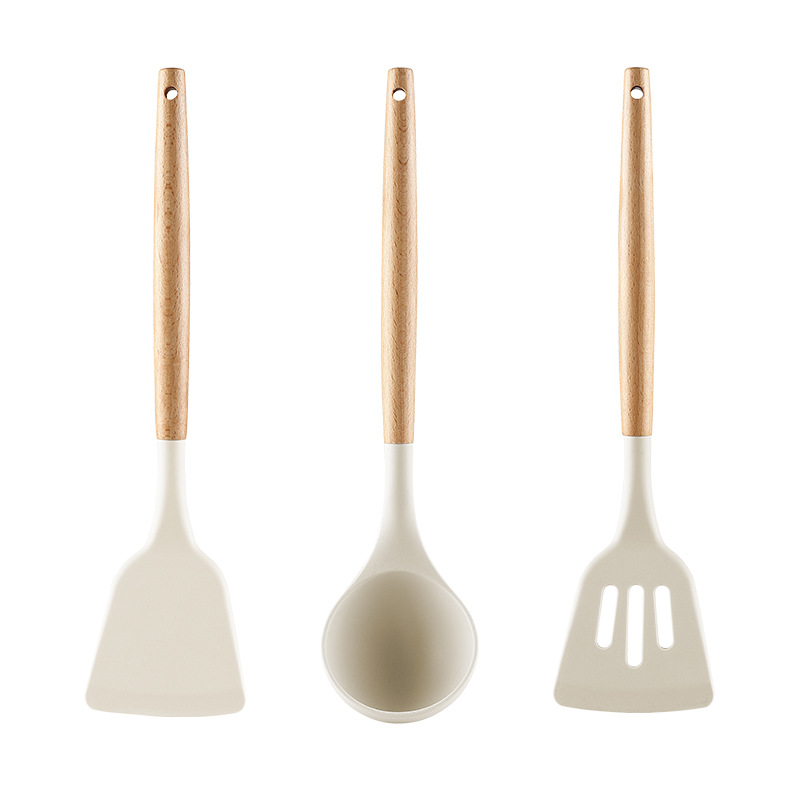 Solid Wood Handle Silicone Kitchen Utensils Food Grade High Temperature Resistant Spatula Non-Stick Special Frying Spatula Soup Spoon Dish Shovel Set Combination Item Picture