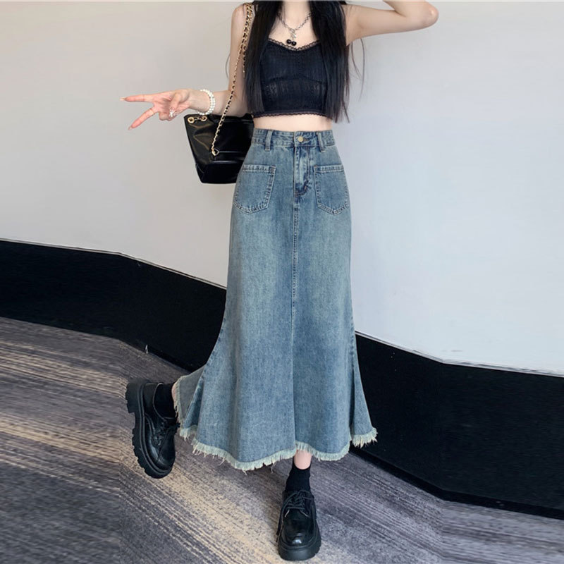 Raw Edge Denim Skirt Skirt Skirt Female Summer Ins Style Niche Retro High Fanny Pack Hip Skirt In Long A-Line Skirt Trend Specification drawing