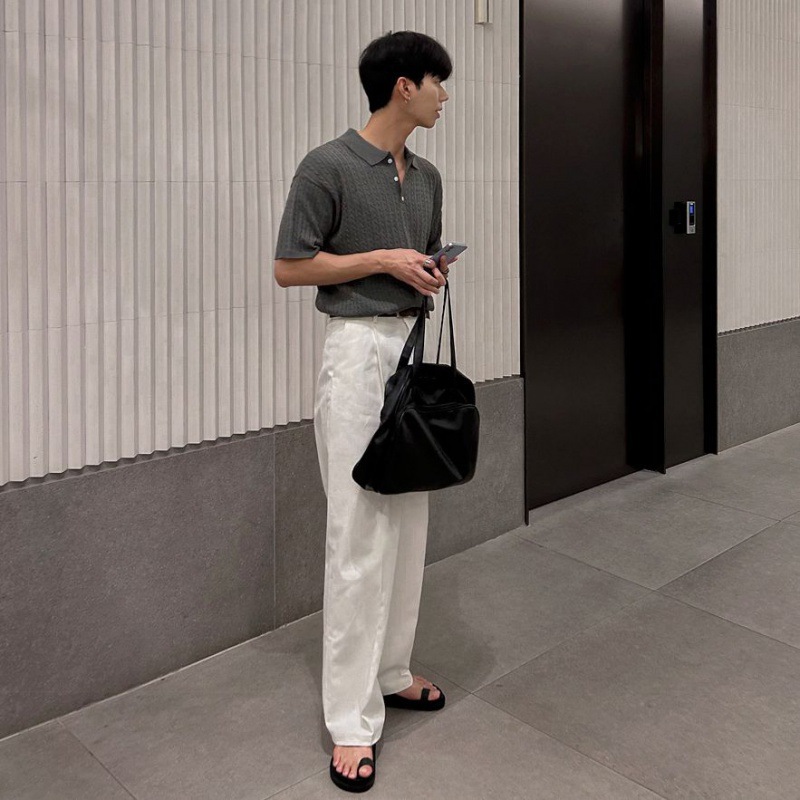 MYQ Linen pattern lapel knitted short-sleeved men's summer loose Polo shirt, short T-shirt, Korean-style old money style half-sleeved T-shirt Application Scenario