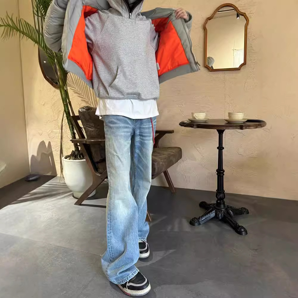 高货 冰蓝517风格水洗做旧猫须复古cleanfit直筒微喇男女牛仔长裤