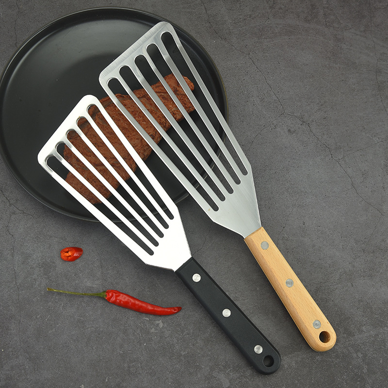 不锈钢煎鱼铲牛扒锅铲家用煎炒漏铲木柄塑料料理铲烹饪铲厨房工具