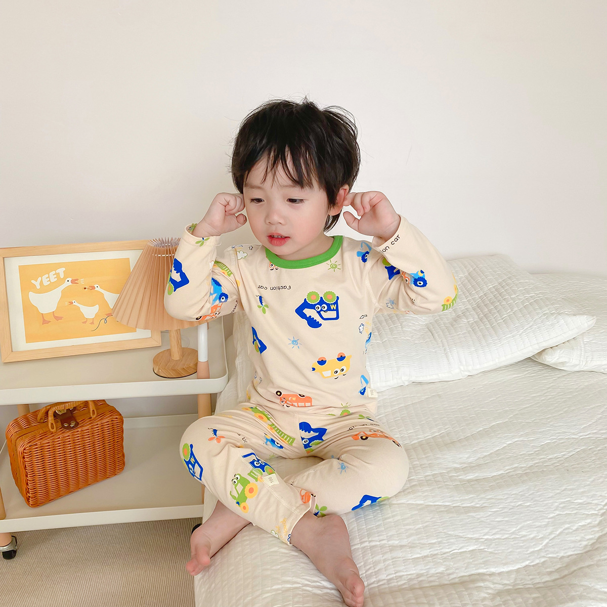 New children's Lycra home wear set, boneless antibacterial men's and girls' pajamas, thermal underwear and long Johns set, one-piece delivery Specification image