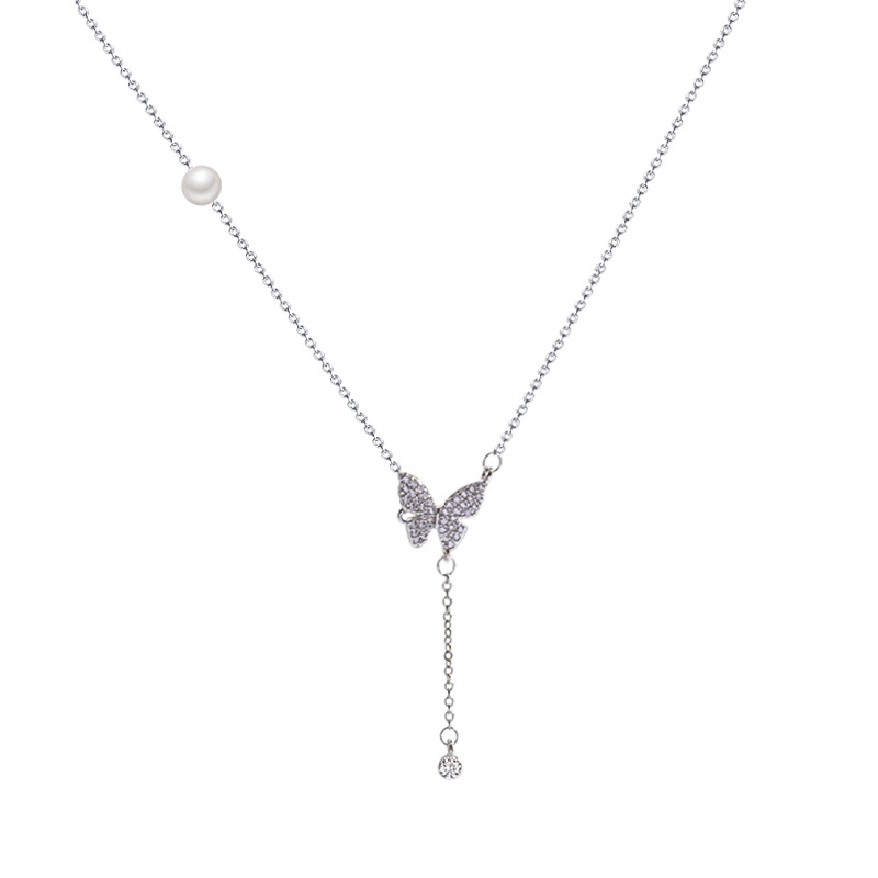 Korean-style design butterfly zircon tassel titanium steel necklace, a versatile, niche and light luxury collarbone chain accessory with a cold style Item Picture