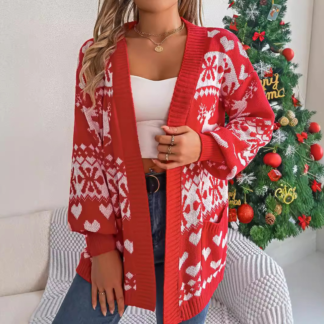 Real shot of the 2025 autumn/winter Christmas reindeer pocket long-sleeved cardigan sweater coat, independent station cross-border women's clothing Specification image