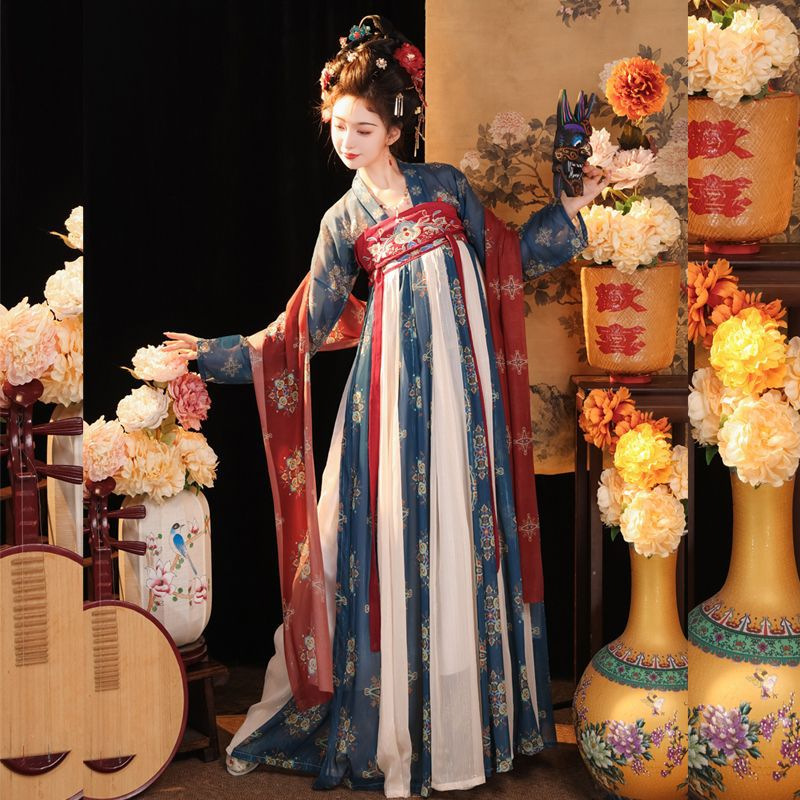 国潮唐制汉服齐胸襦裙日常改良唐制汉服女复原风齐胸襦裙一片式春夏款