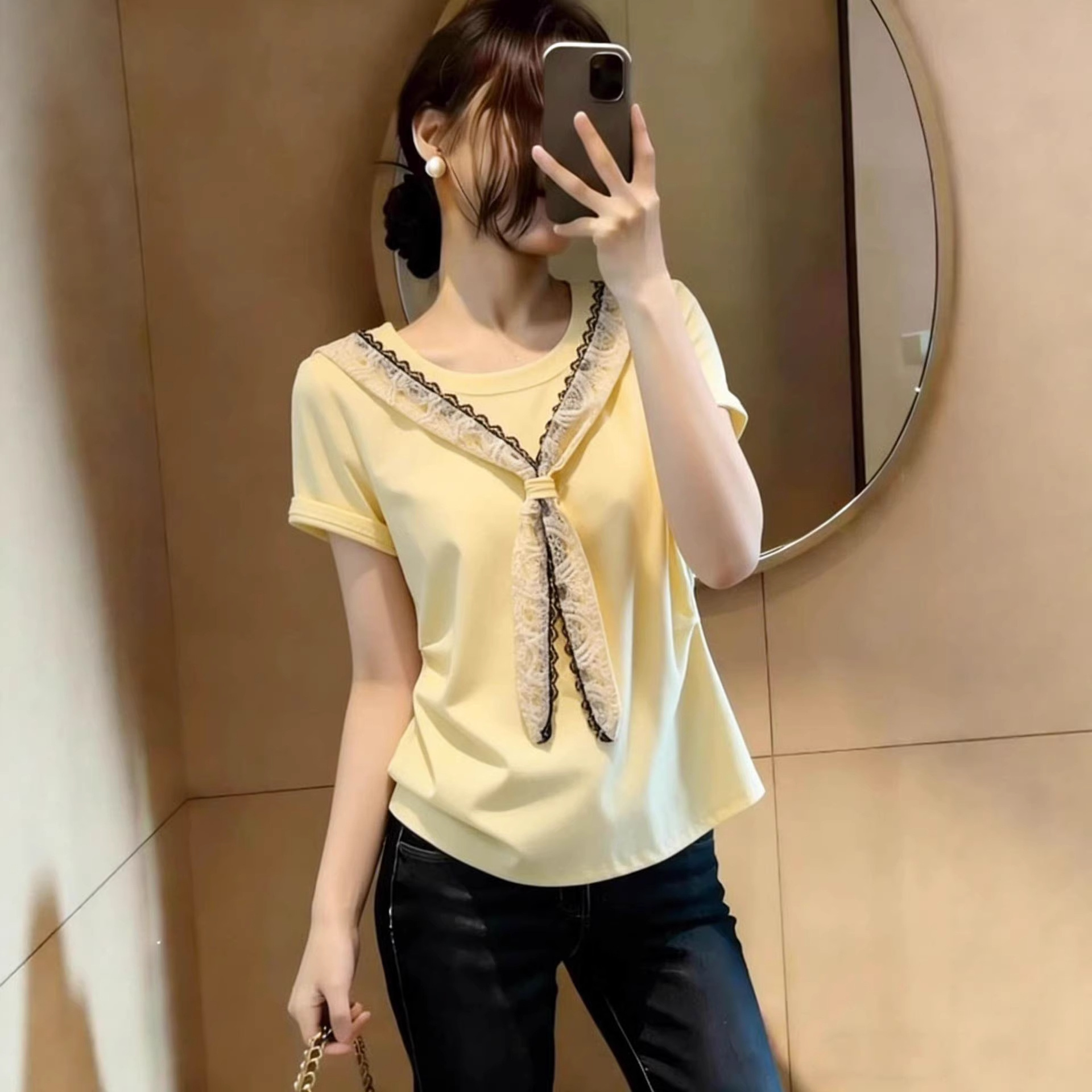 蕾丝披肩正肩短袖t恤女2026夏季新款胖mm大码时尚减龄上衣A11431
