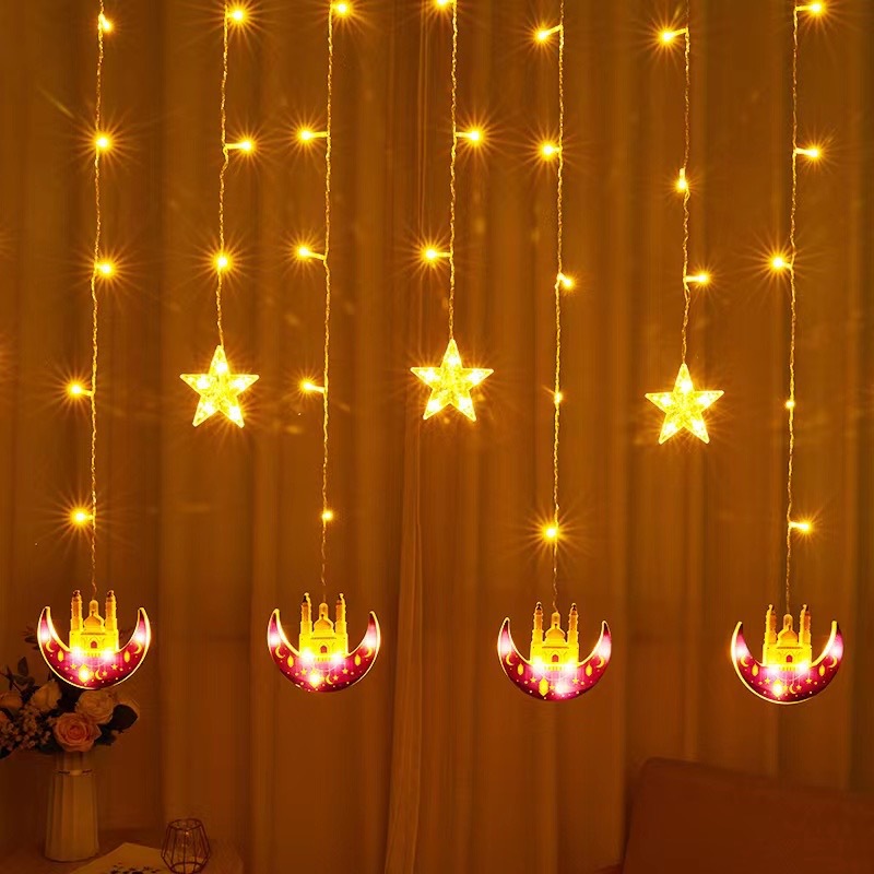 New bestsellers in 2023: Painted star and moon castle curtain lights, heart-shaped girl room Muslim LED decorative light strings details Picture