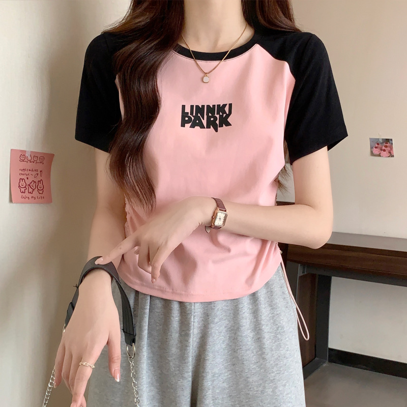 Thread Cotton Shoulder Color Short-Sleeved T-Shirt Women's Summer New Slim-Fit Women's Dress Design Sense Of Niche Top details Picture
