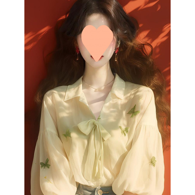 Green printed sun protection chiffon shirt 2025 early Spring new women's wear sweet princess style unique and super beautiful top Specification image