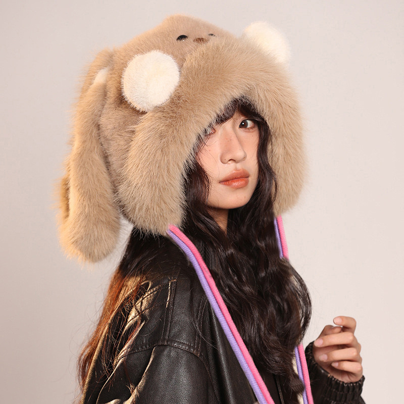 Brand [Sondona] 2025 New Cute Blush Long-Eared Rabbit Plush Hat For Adults And Children, Winter Warmth, Ear Protection, Fleece And Thickening, Cold-Proof Lei Feng Hat, Atmosphere, Face-Making, Versatile Design Y2k details Picture
