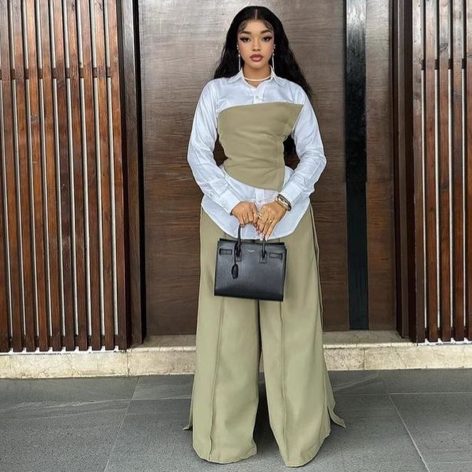 A three-piece set of European and American women's clothing with a design sense, lapel, slimming and patchwork long-sleeved shirt and African high-waisted wide-leg trousers