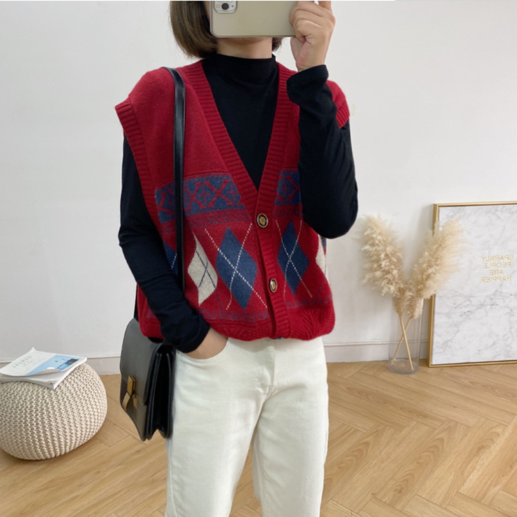 Autumn's new retro color-blocking diamond-shaped knitted cardigan, V-neck sweater, loose women's waistcoat, vest for women Specification image