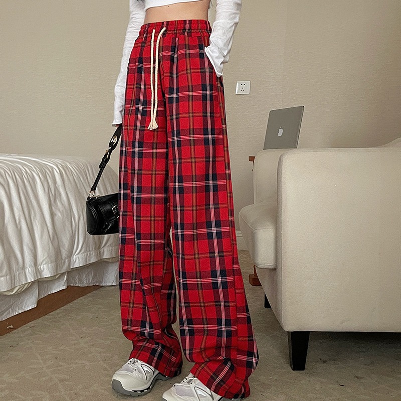 American Retro Wide-Leg Pants Women's New Autumn And Winter Loose Casual Pants Red Checkered High-Waisted Straight Leg Sports Pants Specification drawing