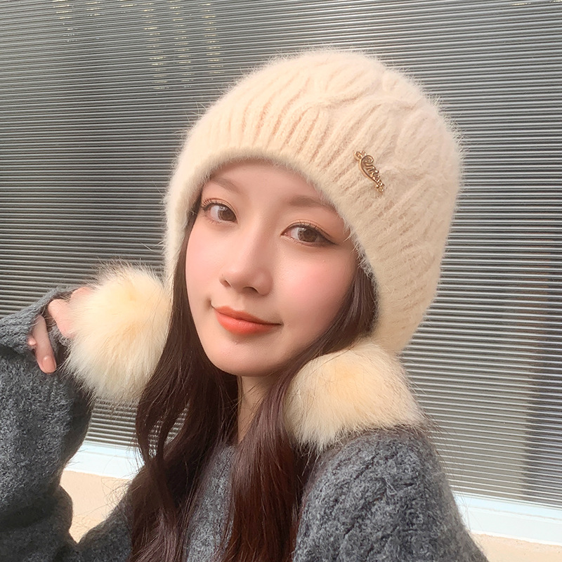 秋冬季新款韩版女士户外加绒保暖针织毛线帽甜美毛球纯色套头帽子详情图3