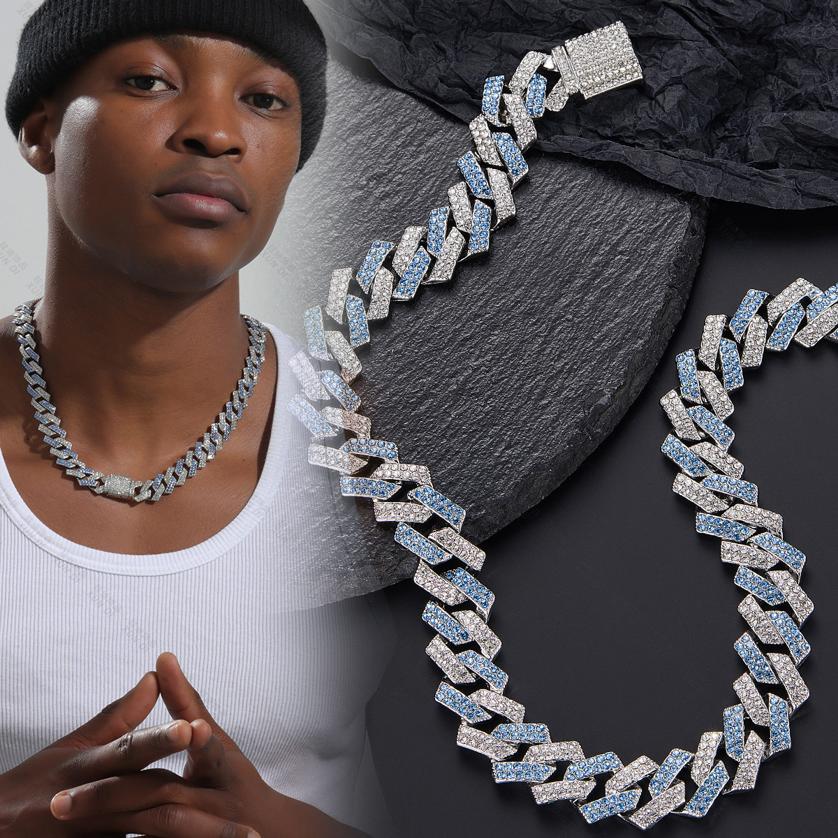 New European and American heavy industry full-diamond Cuban chain necklace, high-end hip-hop necklace men's accessory wholesale, Cuban chain with diamonds