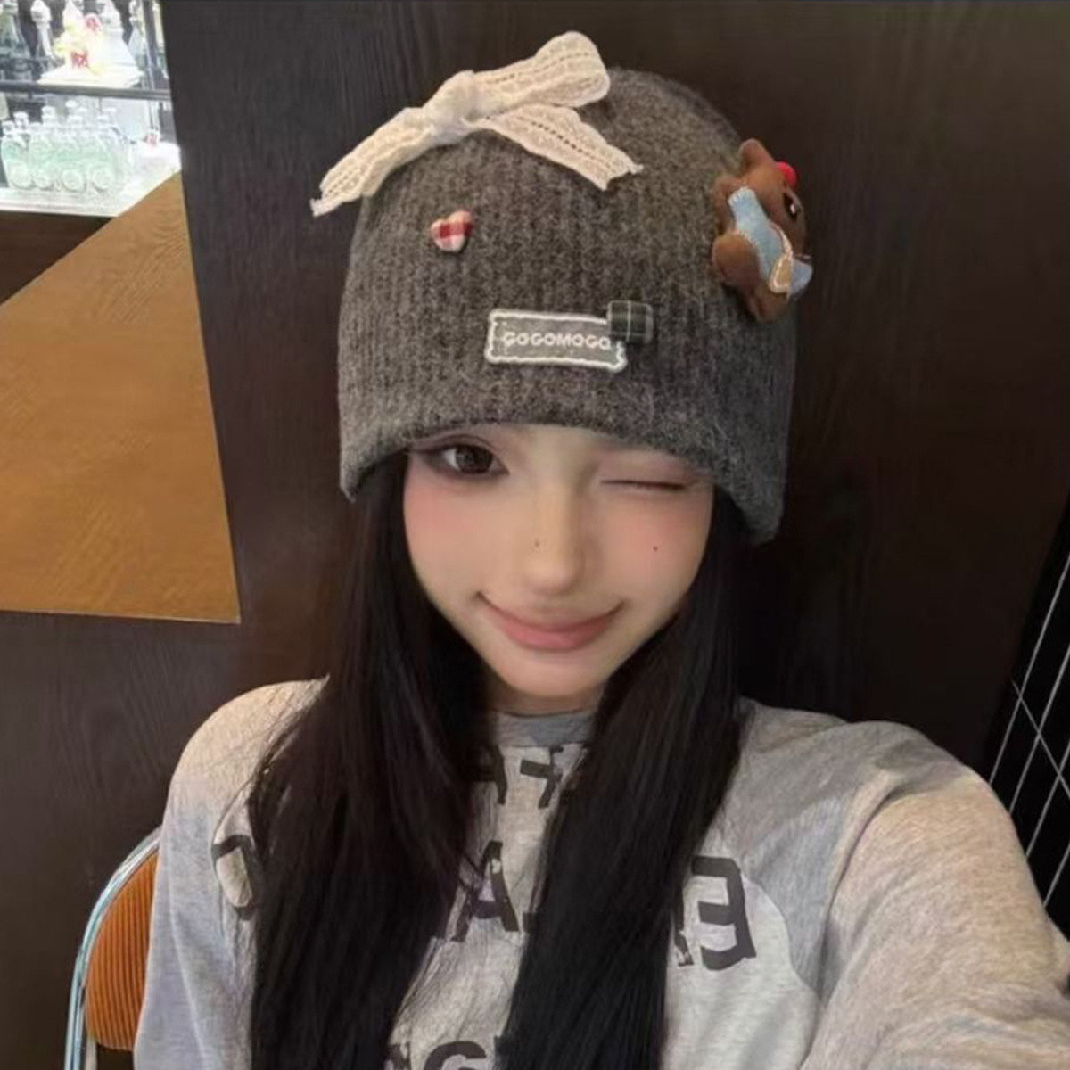 韩系ins蝴蝶结小熊毛线帽女秋冬百搭护耳保暖针织帽子显脸小冷帽详情6