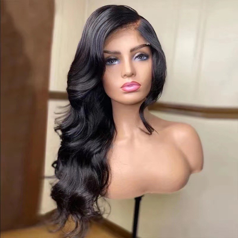 Factory direct sales of high-temperature synthetic fiber silk front lace wig, black large wavy long curly hair middle part wig Specification image