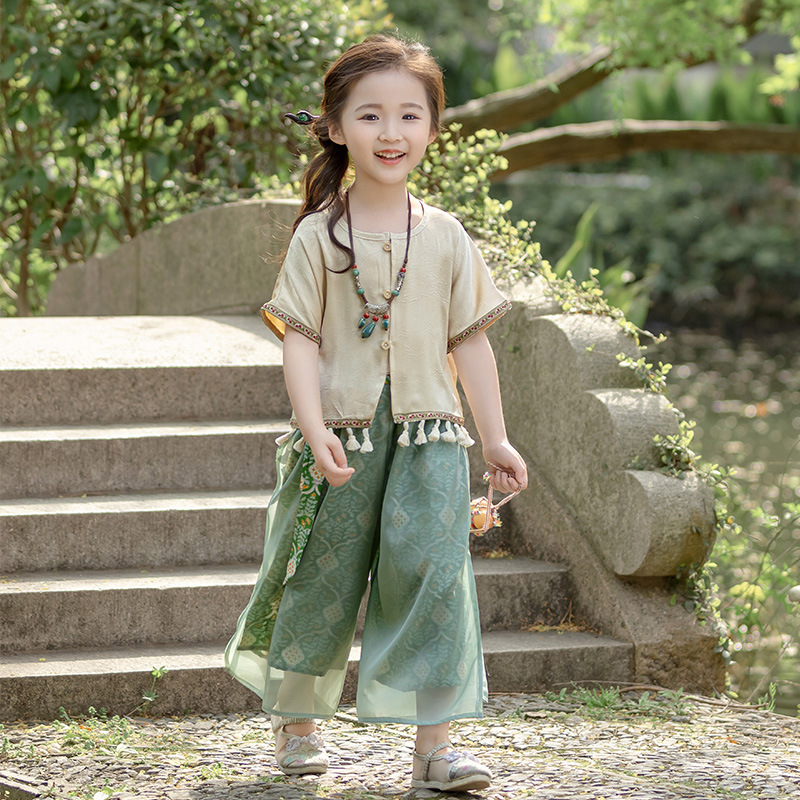 National Trend Hanfu Girls' Set for Summer 2025 New Style Children's Summer Two-piece set with new Chinese style and improved ancient ethnic style