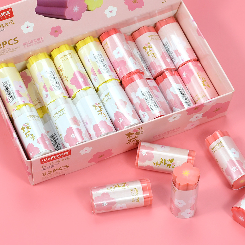 Weibo Stationery Wholesale, new creative erasers like leather, multi-color round, cute and fun box set, cherry blossom erasers Application Scenario