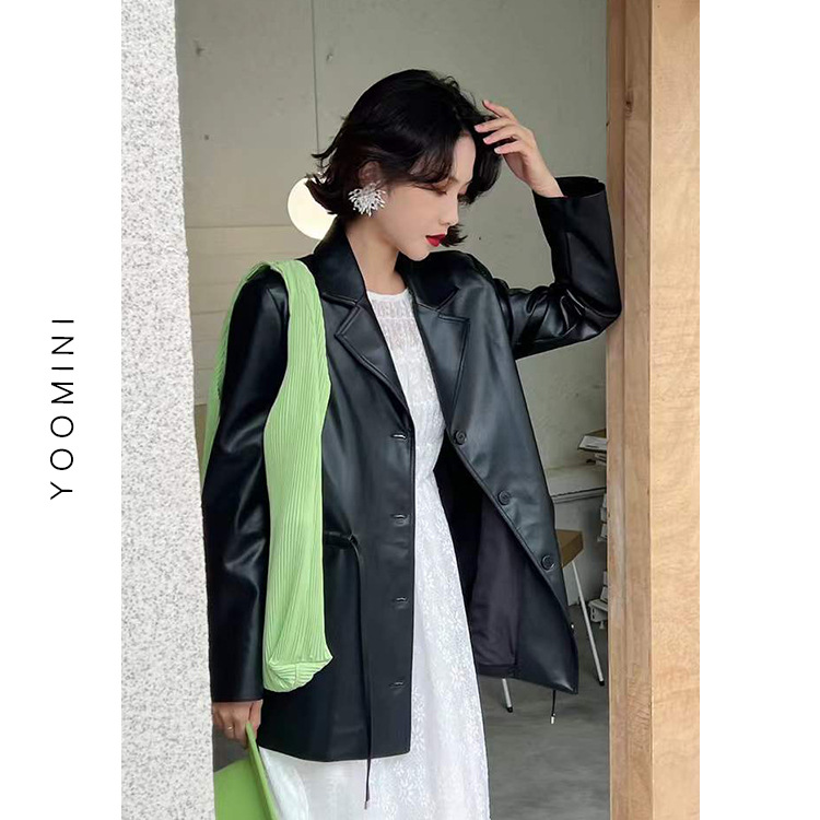 Early spring new Korean style loose drawstring waist-cinching mid-length PU women's suit jacket