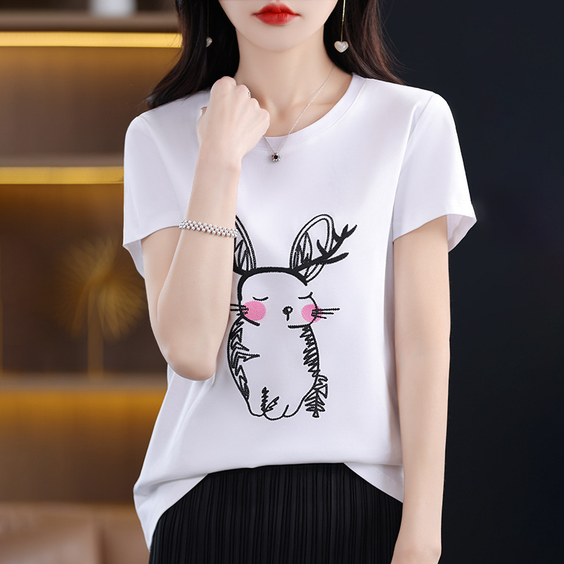 Summer women's mercerized cotton short-sleeved T-shirt, round-neck sequin embroidered vest, loose half-sleeved slimming base layer wholesale details Picture