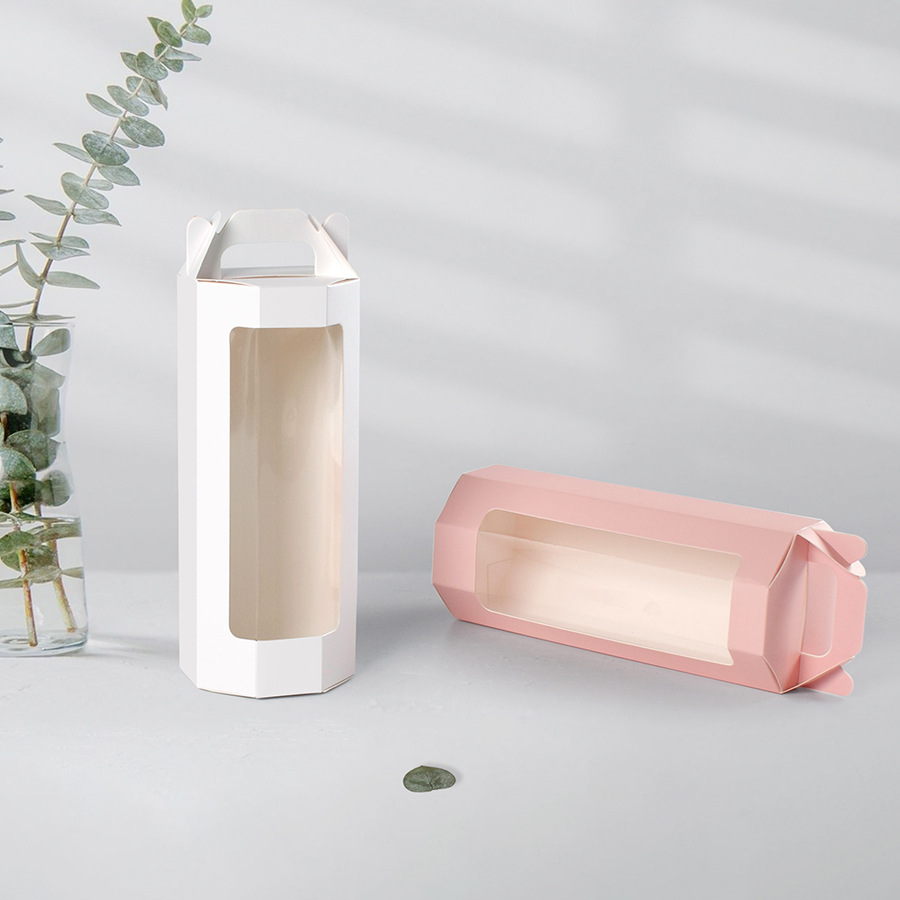 简约八角透明展示盒现货纯色粉色开窗可爱折叠鲜花礼物盒10pcs/包