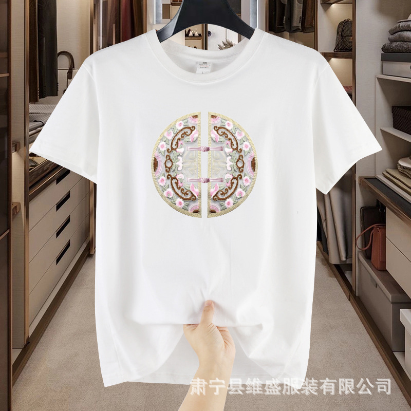 新中式短袖t恤女国风轻中式白色圆领印花男女同款国潮长绒棉半袖图