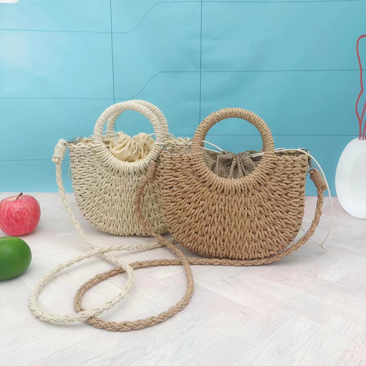 Wholesale Supply Of Semi-Circular One-Shoulder Moon Bag Straw Bag Women's Handbag Paper Rope Braided Small Round Bucket Bag