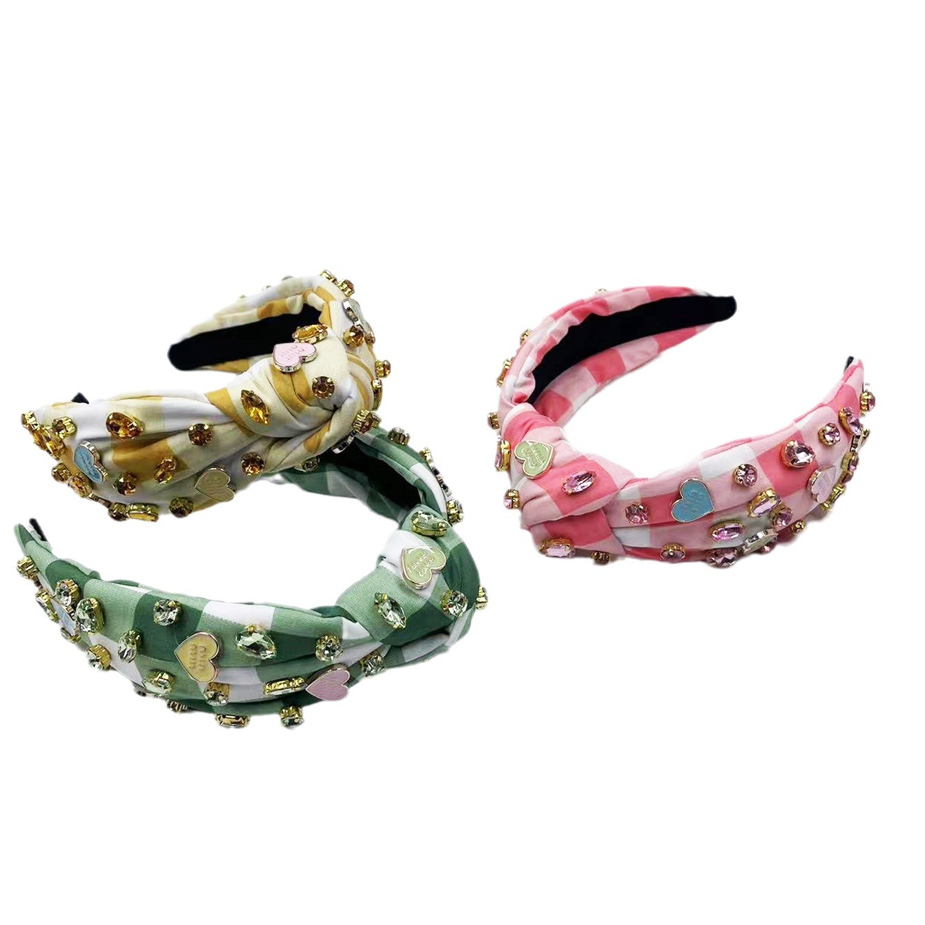 Exclusive Qiwei Accessories, Exclusive Qiwei Accessories, Exclusive original new Valentine's Day diamond-encrusted heart-shaped accessories, checkered fabric, fashionable knot, high head, sweet headband, hair band Item Picture