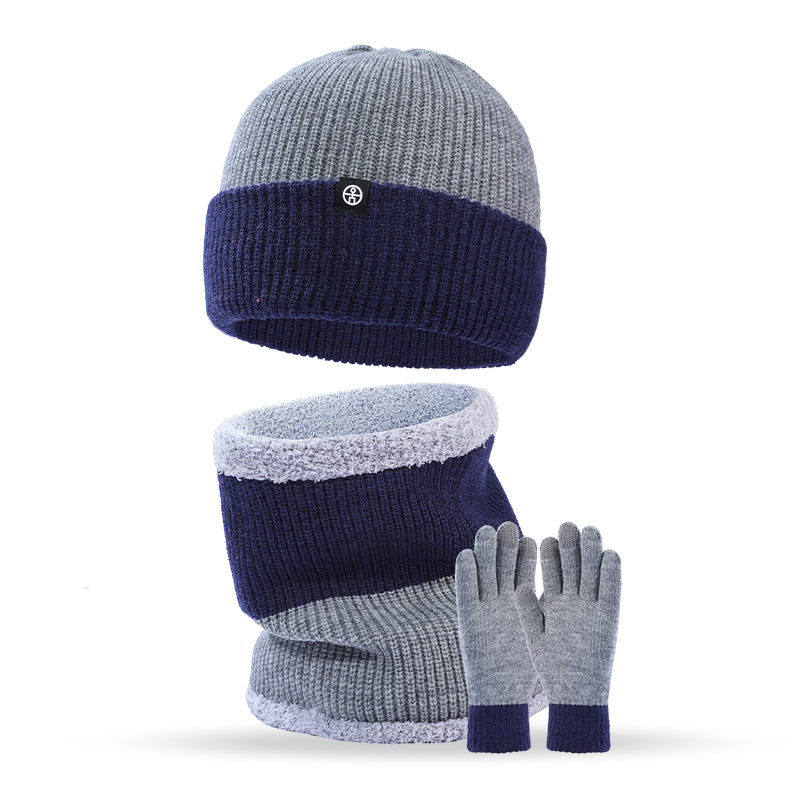 Cross-Border Europe And The United States Warm Knit Hat Men's Matching Color Plus Velvet Ear Protection Riding Hat Neck Gloves Three-Piece Set Item Picture