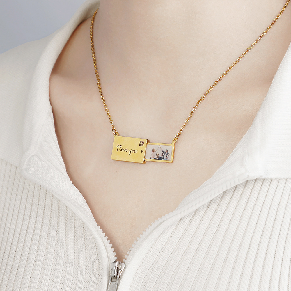 European And American Necklaces Cross-Border Photo Envelope Necklaces English Fashion Jewelry Gifts Stainless Steel Clavicle Chain Pendant Wholesale Specification drawing