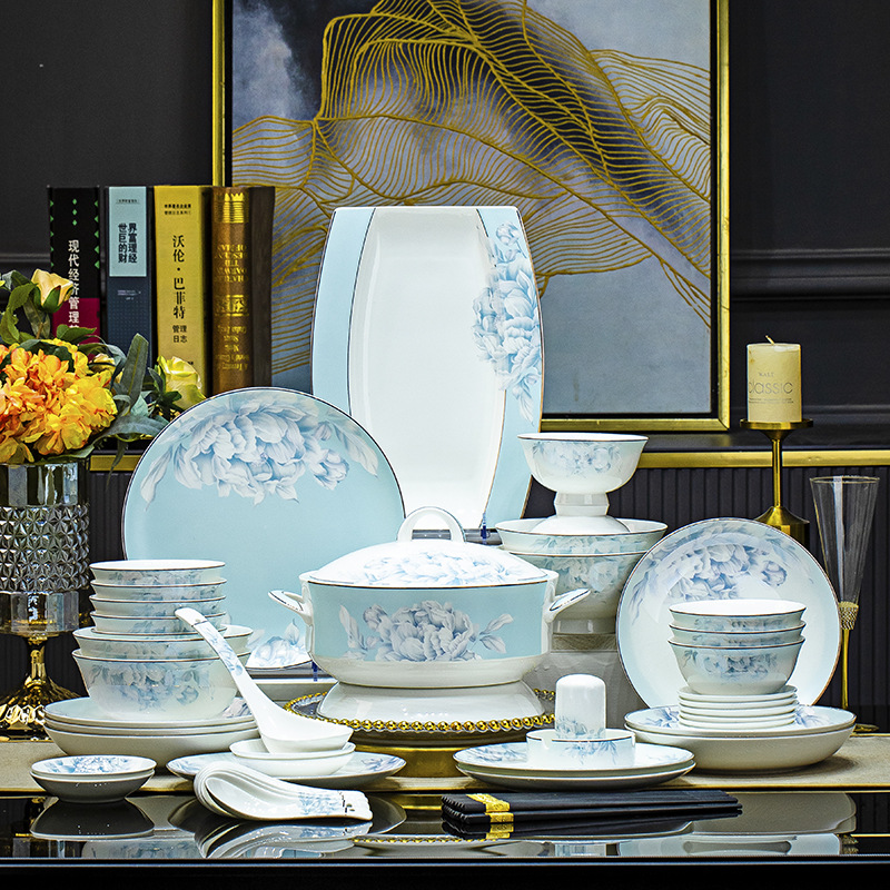 景德镇碗碟套装家用轻奢中式骨瓷餐具套装碗盘筷结婚乔迁礼品用瓷详情图2