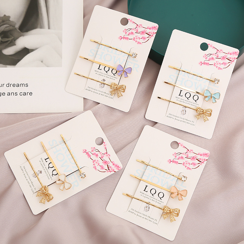 女式欧美新款几何型复古双蝴蝶结爱心独立包装刺绣一字夹头饰套装