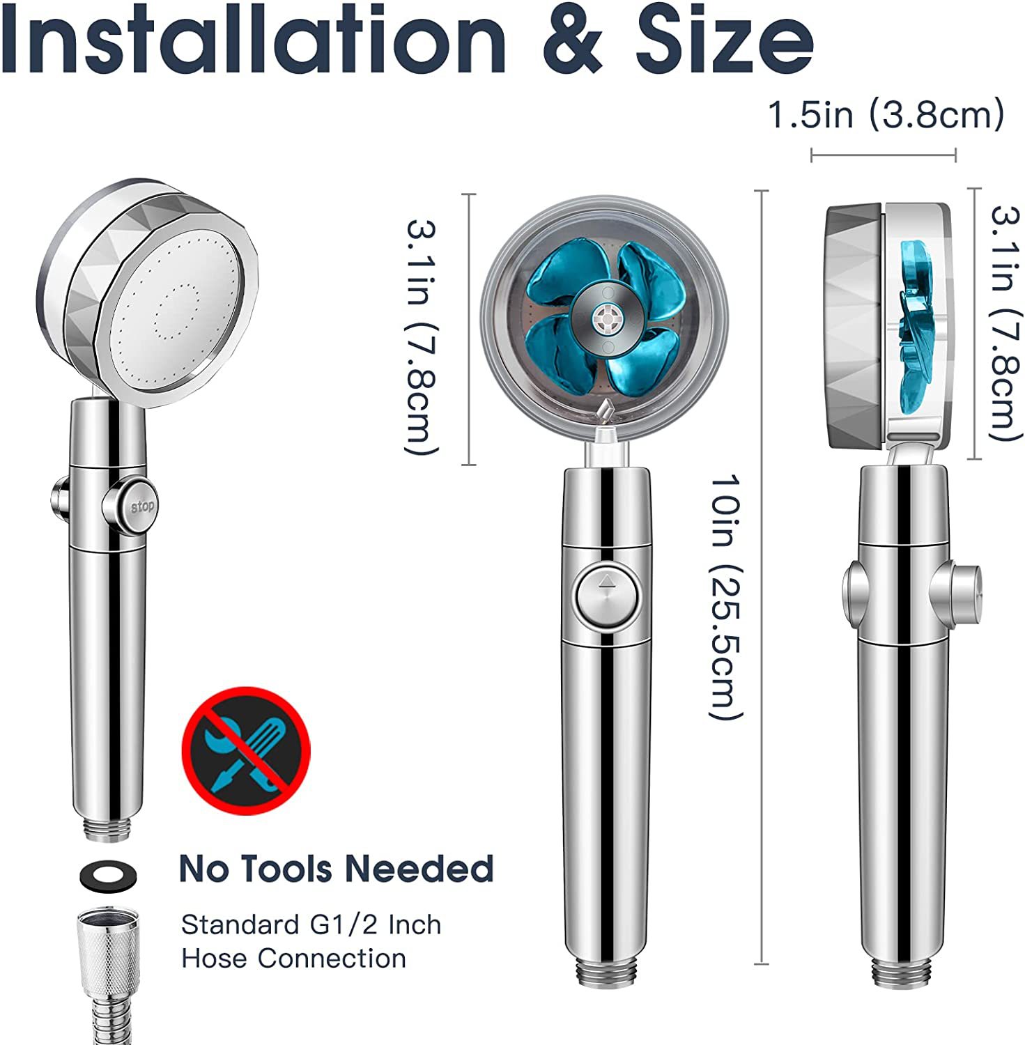 Cross Border Small Man Waist Sprinkler Head Guangzhou Tower Large Turbocharged Pressurized Propeller Fan Shower Head Bath Application Scenario